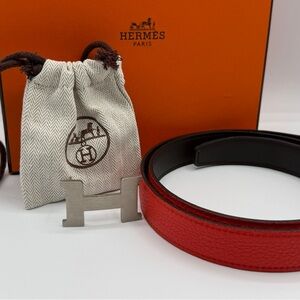 Hermes Reversible Leather Belt with Silver H Buckle
